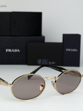 Prada Women Sunglasses Pale Gold Purple Brown Oval PR65ZS ZVN20I NEW AUTHENTIC
